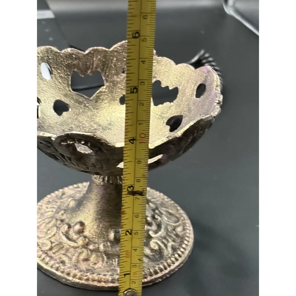 Metal Cast‎ Iron Candle Trinket holder/ Ornate Pedestal Dish Patina Finish